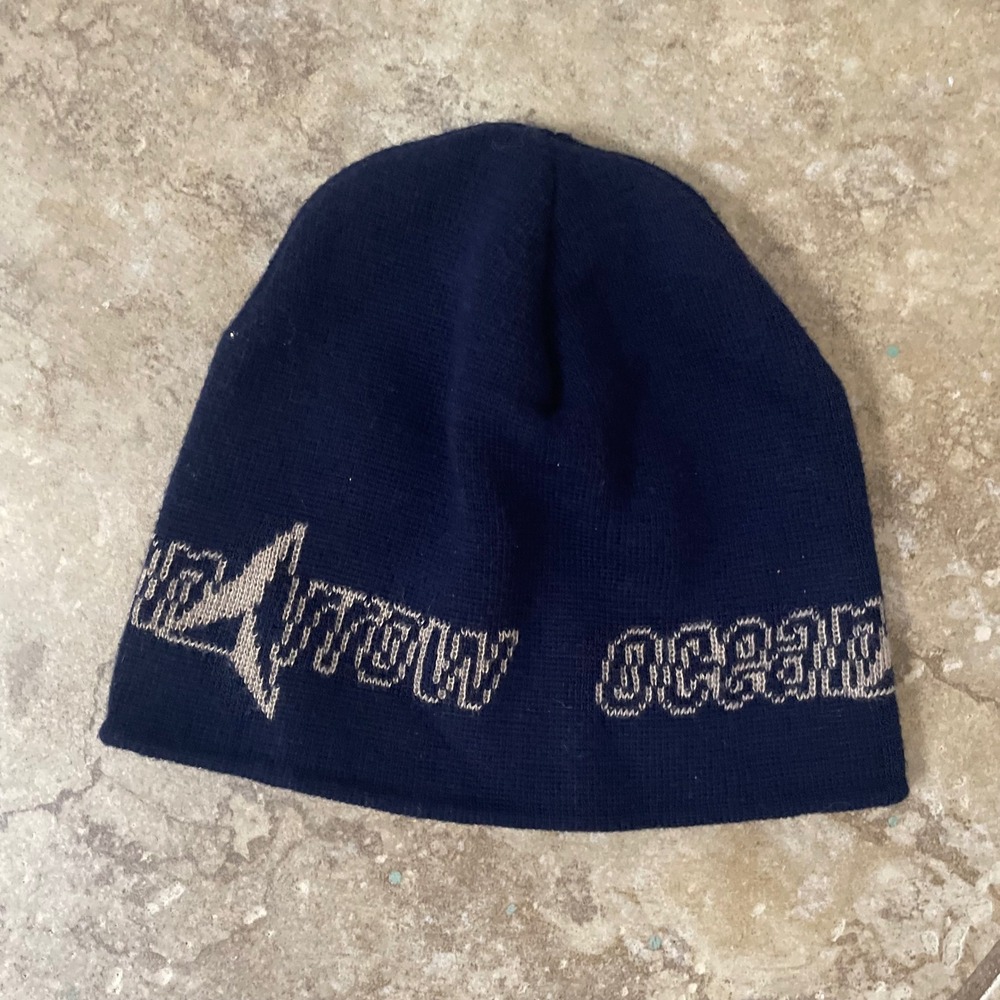 Ocean Arrow Navy Blue Knit Beanie Hat Graphic Print Streetwear Y2K One Size